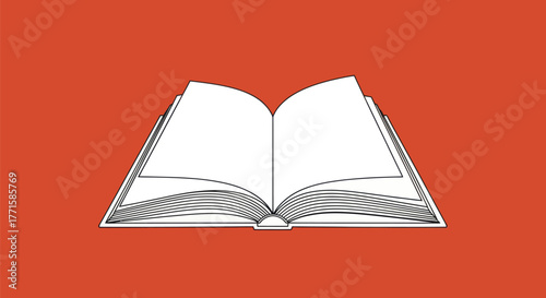 Open book illustration in white outline against an orange background