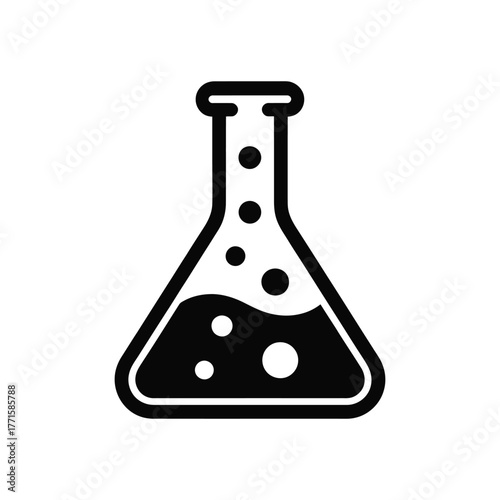 Black laboratory flask icon with bubbles isolated on a white background