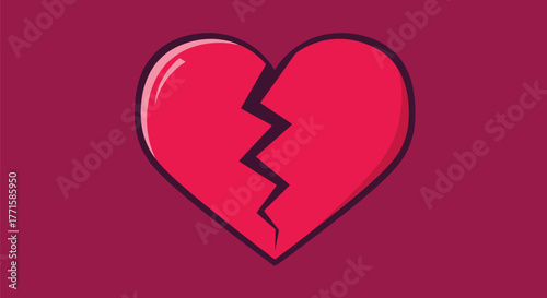 A cracked red heart with dark outline against a magenta background. The crack zigzags down