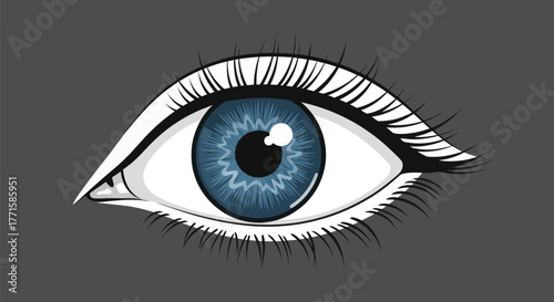 Stylized illustration of a human eye with blue iris, surrounded by lashes and set against gray