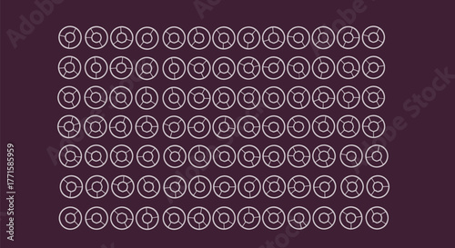 A pattern of concentric circle designs, each divided, against a dark purple backdrop