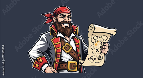 A cartoon pirate, red bandana, map in hand, smiling, with a gray background