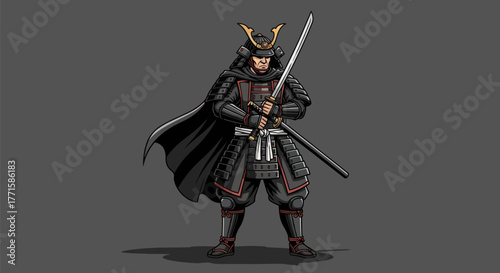 A stoic samurai in ornate black armor, holding a katana, with a dark cape
