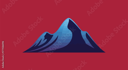Blue stylized mountain against a red background, with shaded layers creating depth and dimension
