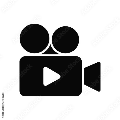 Black vintage film camera icon with play button isolated on white background