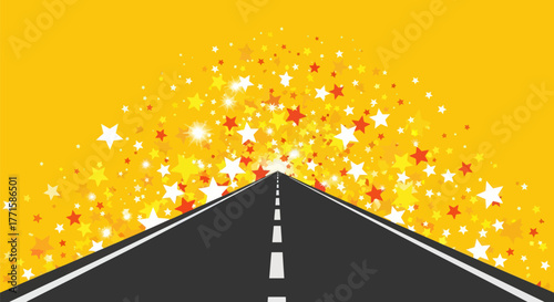 A road stretches forward into a sky of stars, bathed in warm yellow