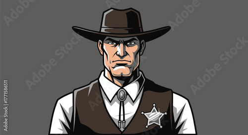 A stern-faced, stylized sheriff with hat, vest, badge, and bolo tie against gray