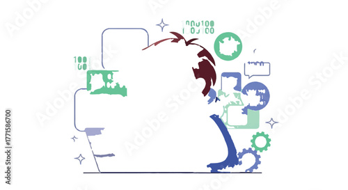 Flat lay of a creative workspace with various office supplies and digital elements on a white background with a mix of blue, green, and maroon colors.
