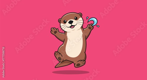 Cartoon otter, brown with cream belly, holds water splash, pink background, cheerful pose