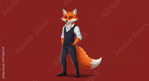 A well-dressed anthropomorphic fox stands confidently on a red background