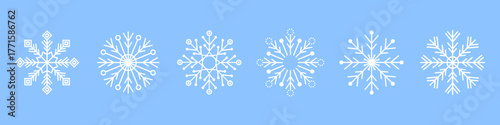 Vector collection snowflake icons with simple geometric lines. Simple line snowflake. Winter frost crystal shapes. For seasonal design and decoration