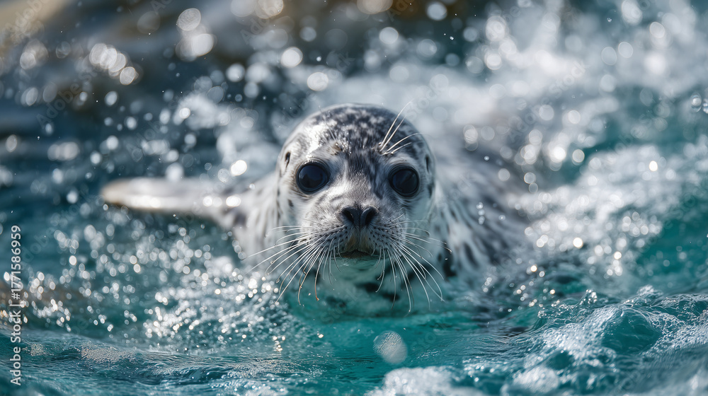 Obraz premium Playful harbor seal pup surfacing, water droplets sparkling around its whiskered face, turquoise water with soft sunlight reflections