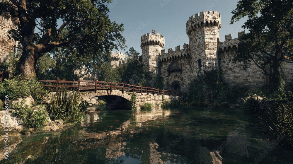 Fototapeta premium Picturesque Wide Angle View of Medieval Stone Castle with Moat and Bridge
