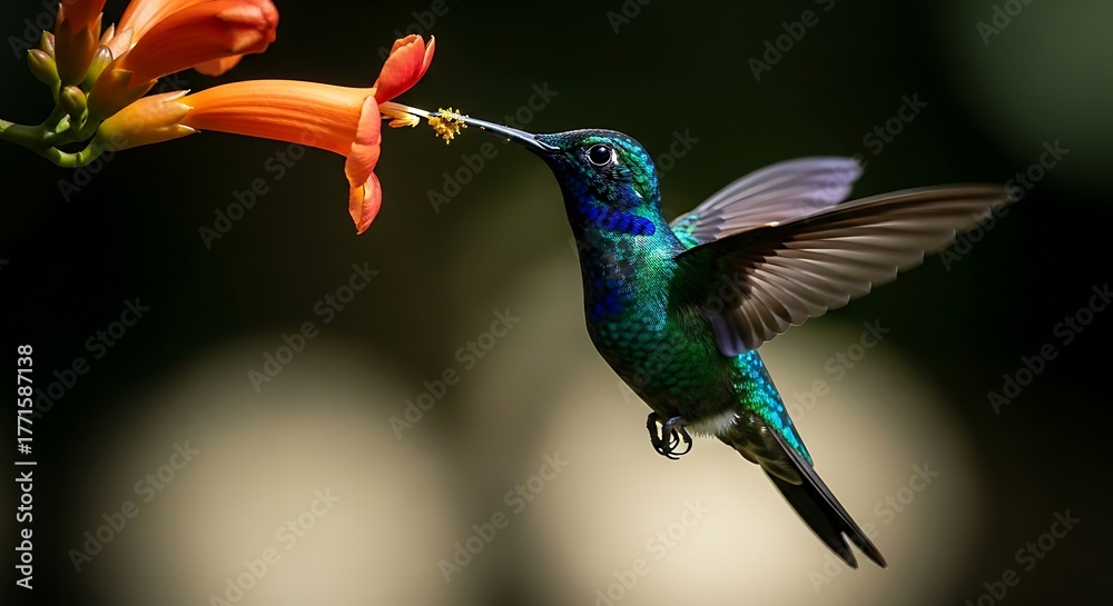 Obraz premium A stunning iridescent hummingbird, with its emerald and sapphire feathers, gracefully sips nectar from a vibrant orange trumpet flower in a moment of pure natural elegance