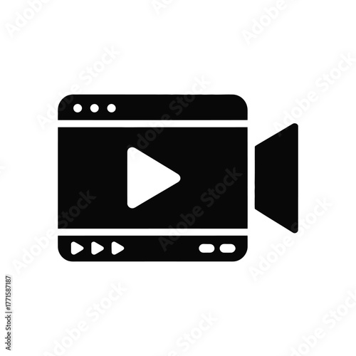 Black and white video player camera icon, simple design on white background