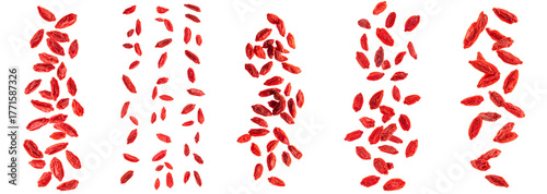 Ripe dried goji berries or wolfberries falling in continuous stream, nutrient rich superfood ingredient on transparent background