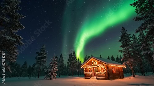 Cozy cabin under vibrant northern lights at night