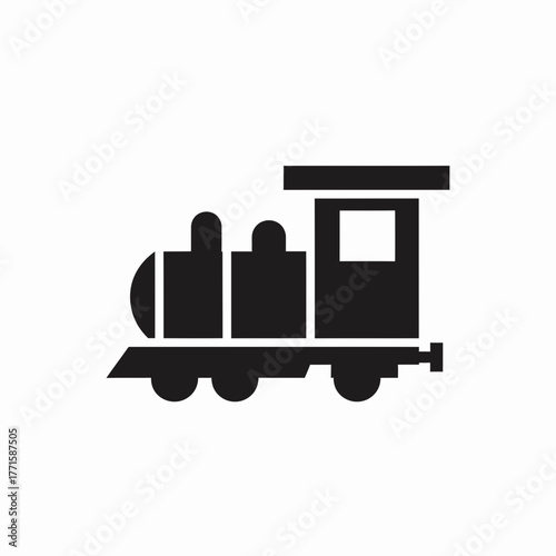 Black silhouette of vintage train on white background. Classic train illustration with steam engine and cabin detailing, showcasing simple graphic design elements for transportation concept.