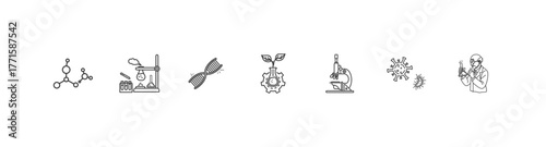 Biotechnology illustration icon set includes science, laboratory, DNA, biotechnology, research, organism, scientist with unique thickness lines and white background