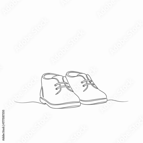 Outline of baby shoes, cute toddler footwear sketch with laces and soles on clean background. Baby shoes illustration showcases playful design perfect for children's apparel.