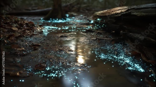 Glow worms illuminate forest floor and water reflecting light