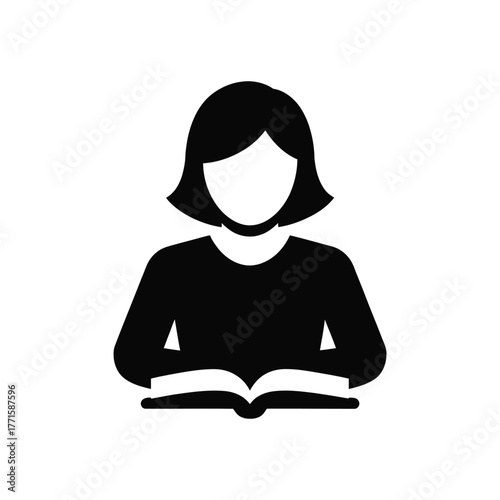 Woman reading open book icon, educational, knowledge, learning, white background