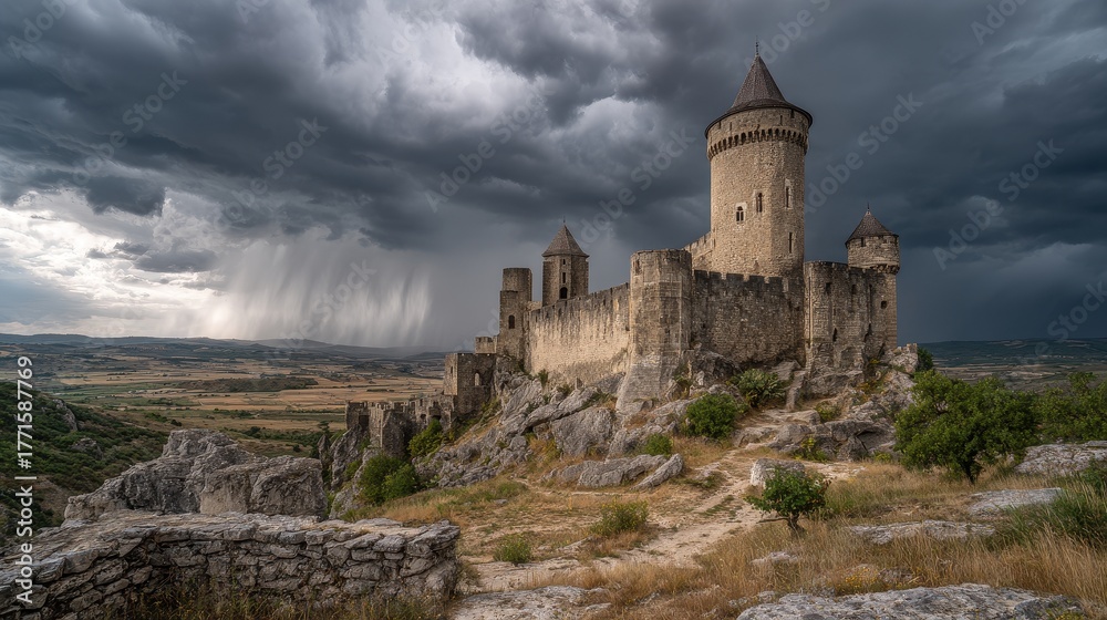 Fototapeta premium Dramatic Medieval Castle on Hilltop Under Foreboding Stormy Sky with Rain