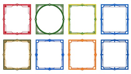 Eight colorful geometric frames in varying shapes - squares, circles - with ornate corner and edge designs, each frame distinct