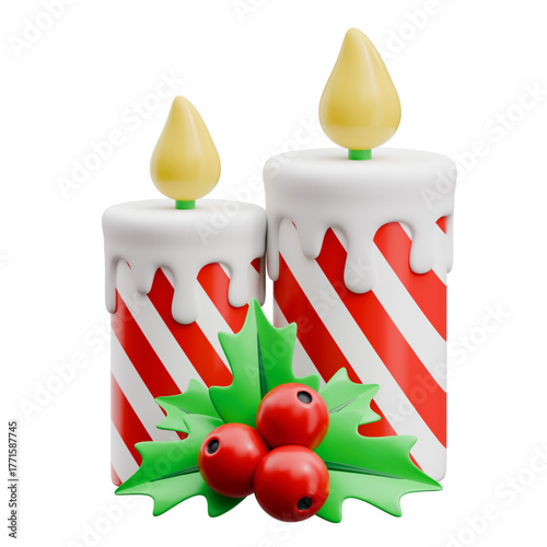 Festive 3D Christmas candles with red and white stripes, melted wax, vibrant green holly, and bright red berries, for holiday designs