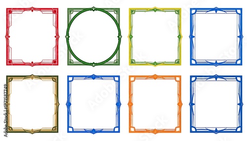 Eight colorful geometric frames in varying shapes - squares, circles - with ornate corner and edge designs, each frame distinct