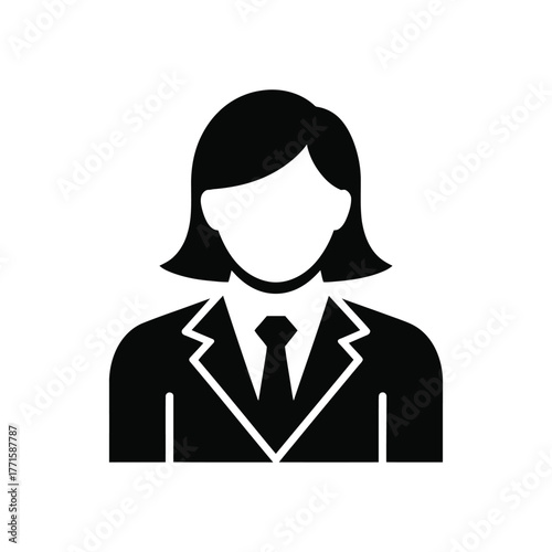 Black silhouette icon of businesswoman wearing suit and tie against a white background
