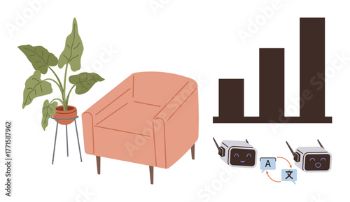 Chair and plant evoking comfort, bar graph for analytics, and AI bots highlighting futuristic technology. Ideal for productivity, innovation, data analysis, AI, work-life balance, creativity growth