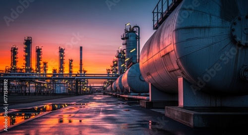 Industrial refinery at sunset with vibrant sky reflections on wet pavement