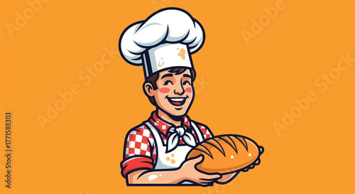 A happy baker in chef hat and apron smiles while holding freshly baked bread