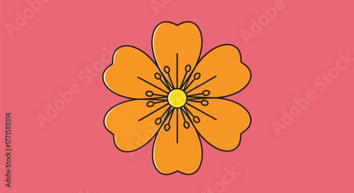 A simplified, stylized orange flower with six petals, outlined in black, on a pink background