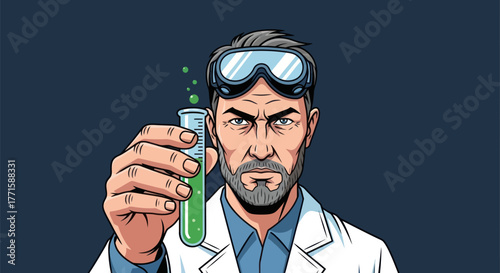 A stern-faced scientist with gray hair and beard holds up a test tube of green liquid