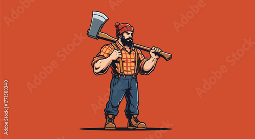 A muscular man with a beard, wearing a plaid shirt and hat, holds an axe