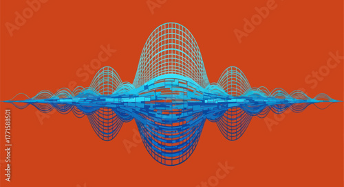 Abstract, blue, geometric waves on orange background.  A complex, repeating pattern