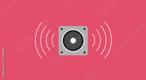 A square speaker with sound waves radiating on a red background