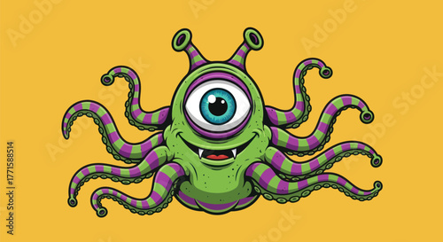 A cartoon cyclops alien with tentacles and a friendly grin on a yellow background
