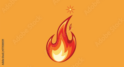 Stylized flame graphic with an eight-pointed star above it, set against an orange background
