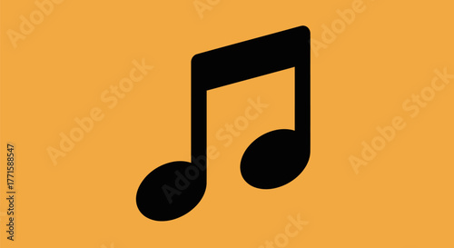 A black musical note graphic against an orange-toned background