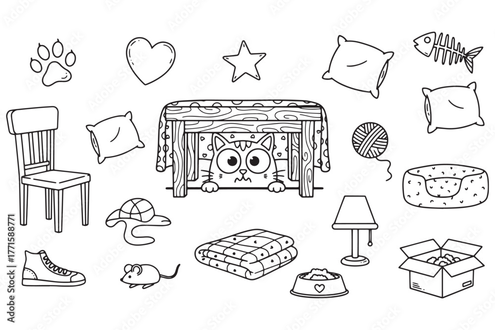 Obraz premium A charming collection of catthemed items, including a cat hiding under a table, isolated on white background vector line art illustration