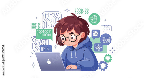 Cartoon illustration of a young boy with glasses working on a laptop surrounded by coding symbols and graphics on a white background with a playful and educational mood.