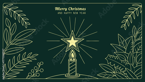 Vector illustration of an abstract marijuana cannabis leaf design for a winter holiday greeting card with a green star pattern and snow for a merry Christmas celebration