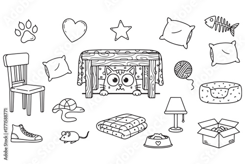 A charming collection of catthemed items, including a cat hiding under a table, isolated on white background vector line art illustration