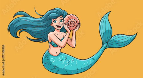 Cartoon mermaid with blue hair and tail, holding a conch shell, smiles on a yellow background