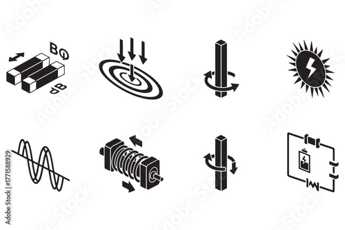 A set of physics icons depicting various concepts such as magnetism, light, and electricity, isolated on white background vector line art illustration