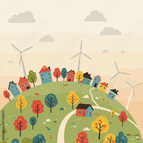 Hillside village with wind turbines and colorful autumn trees.