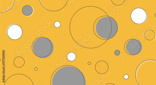 A vibrant yellow background features a pattern of overlapping circles in varying sizes and colors